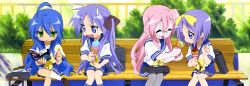 Rule 34 | 00s, 4girls, absurdres, book, cowboy shot, fate/stay night, fate (series), female focus, food, highres, hiiragi kagami, hiiragi tsukasa, ice cream, izumi konata, long image, lucky star, multiple girls, official art, outdoors, pantyhose, plant, school uniform, serafuku, sitting, takara miyuki, tongue, wide image, yamada naoko