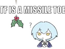1girl angela_(project_moon) ascot blue_coat blue_hair coat collared_shirt hair_between_eyes impact_(font) lapels library_of_ruina mistletoe notched_lapels project_moon raised_eyebrow shirt short_hair solo typo white_ascot white_shirt yellow_eyes yongsa_(ishmaelenjoyer)