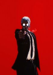 Rule 34 | 1boy, crain1art, glasses, gun, highres, male focus, red background, sakamoto days, sakamoto taro, short hair, weapon, white hair