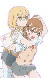 2girls anger_vein arms_around_neck asphyxiation bag blonde_hair brown_eyes brown_hair brown_sweater_vest chain chain_around_neck collared_shirt commentary_request dated elbow_gloves gloves grey_skirt handbag highres hug hug_from_behind long_hair medium_hair miniskirt misaka_mikoto multiple_girls okaokaokaoooo pleated_skirt school_emblem school_uniform shirt shokuhou_misaki short_sleeves simple_background skirt sparkling_eyes strangling summer_uniform sweater_vest thighhighs toaru_kagaku_no_railgun toaru_majutsu_no_index tokiwadai_school_uniform turn_pale twitter_username v-neck white_gloves white_shirt white_thighhighs yellow_eyes