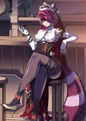 1girl absurdres bare_shoulders barrel blue_eyes blurry blurry_background breasts cigarette cosplay crossed_legs elbow_gloves genshin_impact gloves hair_over_one_eye headpiece high_heels highres holding holding_cigarette indie_virtual_youtuber medium_breasts on_stool pantyhose pink_hair raccoon_girl raccoon_tail rosaria_(genshin_impact) rosaria_(genshin_impact)_(cosplay) shoulder_tattoo sitting smoking snuffy_(vtuber) solo steve_chopz stool tail tattoo virtual_youtuber white_gloves