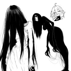 3girls absurdres ahoge breasts briar_(league_of_legends) character_request commentary copyright_request dress english_commentary ghost_girl greyscale grin hair_over_face highres large_breasts long_hair looking_at_viewer lughost monochrome multiple_girls original pointy_ears sharp_teeth simple_background smile teeth very_long_hair white_background