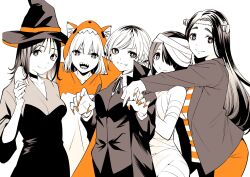5girls animal_ear_hood arm_around_shoulder black_dress bolt_(hardware) breasts choker claw_pose closed_mouth coat commentary_request cosplay dress fake_animal_ears fangs frankenstein&#039;s_monster frankenstein&#039;s_monster_(cosplay) hair_over_one_eye halloween hat highres hongou_miyuki hood hood_up hug hug_from_behind jacket kitahara_aoba kusunoki_aroma limited_palette long_hair looking_at_viewer medium_breasts medium_hair multiple_girls mummy_costume neck_ribbon onesie open_clothes open_jacket open_mouth orange_nails popped_collar ribbon sawaranaide_kotesashi-kun sayamagaoka_chiyo sharp_teeth shinjou_takuya shirt short_hair simple_background smile split_mouth stitched_face stitches striped_clothes striped_shirt sumiyoshi_izumi swept_bangs teeth upper_body vampire_costume white_background witch_hat