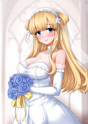 1girl blonde_hair blue_eyes blue_flower blue_rose bouquet breasts bridal_veil bride double_bun dress elbow_gloves fletcher_(kancolle) flower gloves hair_bun hair_ornament highres holding holding_bouquet kamiya_tadato kantai_collection large_breasts long_hair looking_at_viewer rose sleeveless sleeveless_dress smile solo star_(symbol) star_hair_ornament veil wedding_dress white_dress white_gloves