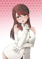 1girl absurdres blush bow brave_witches breasts brown_eyes brown_hair buttons elbow_gloves gloves hasegawa_(hase_popopo) highres jacket karibuchi_takami large_breasts long_hair looking_at_viewer open_mouth short_sleeves sleeveless standing white_bow white_gloves white_jacket world_witches_series