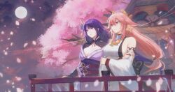 2girls animal_ears architecture bare_shoulders blunt_bangs breasts bridal_gauntlets cherry_blossoms cleavage closed_mouth clothing_cutout cloud cloudy_sky commentary couple crossed_arms detached_sleeves east_asian_architecture english_commentary falling_petals fox_ears fox_girl full_moon genshin_impact glowing glowing_petals hair_between_eyes hair_flowing_over hair_ornament head_tilt headpiece japanese_clothes jewelry kimono large_breasts long_hair long_sleeves looking_down low-tied_long_hair moon multiple_girls neck_ribbon night night_sky no_mole off_shoulder outdoors pendant petals pink_clouds pink_hair purple_eyes purple_hair purple_kimono purple_sky raiden_shogun red_ribbon red_sash ribbon sash shade shoulder_cutout sky standing star_(sky) starry_sky tomodurien tree wide_sleeves yae_miko yuri