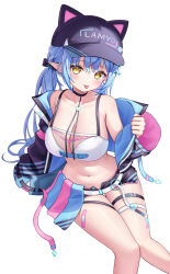 1girl :p absurdres ahoge animal_hat bandaid_on_thigh baseball_cap black_bow black_hat black_jacket black_shorts blue_hair bow braid breasts cat_hat character_name choker cleavage fishnet_top fishnets hair_between_eyes hair_bow hashtag-only_commentary hat heart heart_ahoge highres hololive jacket kag_tsukimi knees_together_feet_apart large_breasts long_hair looking_at_viewer low_twintails multicolored_hair navel official_alternate_costume official_alternate_hairstyle open_clothes open_fly open_jacket pointy_ears print_hat short_shorts shorts side_braid simple_background sitting solo sports_bra stomach streaked_hair thigh_strap tongue tongue_out twintails very_long_hair virtual_youtuber white_background white_sports_bra wide_sleeves yellow_eyes yukihana_lamy yukihana_lamy_(cyber)