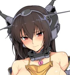 Rule 34 | 1girl, apron, arm warmers, bare shoulders, between breasts, black hair, blush, breasts, cleavage, closed mouth, collar, collarbone, embarrassed, female focus, hair between eyes, halcon, headgear, heart lock (kantai collection), kantai collection, large breasts, lips, long hair, looking at viewer, nagato (kancolle), red eyes, simple background, solo, unfinished, upper body, white background, yellow apron