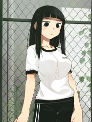 1girl bernard-jou_iwaku. black_eyes black_hair black_shorts blunt_bangs chain-link_fence closed_mouth cowboy_shot double_vertical_stripe female_focus fence gym_uniform highres ivy kanbayashi_shiori light_frown long_hair looking_at_viewer plant shirt short_sleeves shorts solo standing t-shirt tsunosame weeds white_shirt