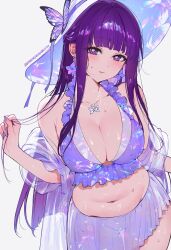 1girl bikini blunt_bangs blush breasts closed_mouth crop_top earrings fern_(sousou_no_frieren) halterneck hat highres jewelry large_breasts long_hair looking_at_viewer midriff navel necklace purple_bikini purple_eyes purple_hair qiandaiyiyu sarong sidelocks simple_background skirt solo sousou_no_frieren sun_hat swimsuit