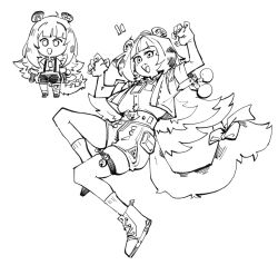 1girl animal_ears arms_up boots chibi greyscale jacket ju_fufu kinzaibatsu91 long_hair monochrome multiple_views open_clothes open_jacket open_mouth shirt short_sleeves shorts simple_background smile socks standing tail thigh_strap tiger_ears tiger_girl tiger_tail white_background zenless_zone_zero