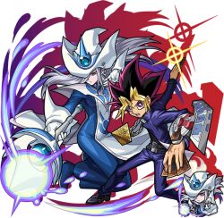 Rule 34 | 1boy, 1girl, blue dress, blue jacket, blue pants, card, chain, chibi, dress, duel disk, duel monster, gloves, grey hair, hair over one eye, hat, holding, holding card, holding wand, jacket, long hair, millennium puzzle, monster strike, multicolored hair, muto yugi, official art, pants, purple eyes, silent magician, tabard, wand, white gloves, white hat, white tabard, wizard hat, yu-gi-oh!