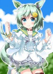 1girl animal_ears blue_eyes blue_shoes blush bracelet brown_choker brown_thighhighs choker closed_mouth cloud collarbone commentary_request cowboy_shot day dress flower green_hair green_sailor_collar green_shorts hair_flower hair_ornament hands_up high_heels highres horse_ears horse_girl horse_tail jewelry long_sleeves looking_at_viewer outdoors outline ruu_(tksymkw) sailor_collar seiun_sky_(umamusume) shoes short_hair shorts smile solo tail thighhighs umamusume white_dress white_outline