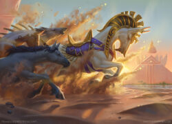 blue_sky day desert ebenherzart english_text fantasy from_side highres horns horse magic:_the_gathering no_humans outdoors pyramid_(structure) realistic sand sky sunmare