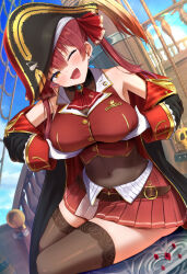 1girl ;d absurdres ascot bicorne black_hat black_robe black_thighhighs blue_sky breasts cropped_jacket day gloves grabbing_own_breast hat highres hololive houshou_marine houshou_marine_(1st_costume) jacket large_breasts leotard leotard_under_clothes miniskirt one_eye_closed open_mouth outdoors pirate_hat pleated_skirt red_ascot red_hair red_jacket red_skirt robe see-through_clothes see-through_leotard ship skirt sky sleeveless sleeveless_jacket smile solo takotakochan_1006 thighhighs virtual_youtuber watercraft white_gloves yellow_eyes