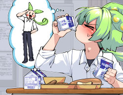 1boy blush closed_eyes collared_shirt desk drinking food green_hair holding kaminosaki male_focus milk_carton shirt sleeves_rolled_up solo speech_bubble sweat thought_bubble upper_body voiceroid voicevox white_shirt zundamon