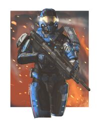 absurdres armor assault_rifle blursquid border carter-a259 cropped_legs full_armor gun halo:_reach halo_(series) highres holding holding_gun holding_weapon looking_at_viewer rifle solo weapon white_border