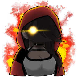 1girl artist_request brown_hair chibi chibi_only chinese_commentary dark-skinned_female dark_skin girls&#039;_frontline girls&#039;_frontline_neural_cloud glowing glowing_eye hair_over_one_eye hood hood_up lens_flare long_hair magnhilda_(neural_cloud) official_art punching second-party_source shaded_face shirt solo white_shirt yellow_eyes