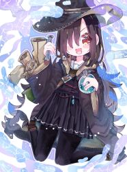 1girl black_hair black_pantyhose covered_eyes hair_over_one_eye hat heaven_burns_red highres long_hair long_sleeves one_eye_covered pantyhose red_eyes solo tenne_miko very_long_hair witch_hat