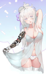 arm_behind_head babydoll blue_eyes breasts cleavage cowboy_shot cyborg grey_hair hair_bun hair_ribbon hand_in_own_hair head_tilt highres large_breasts long_hair looking_at_viewer mechanical_arms navel original panties prosthesis prosthetic_arm ribbon screw screwdriver see-through_clothes side_bun single_mechanical_arm single_side_bun skindentation skirt_hold solo spaghetti_strap strap_slip thigh_gap thighhighs underwear white_panties white_thighhighs wookyung