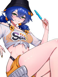 1girl absurdres belle_(summer_skies)_(zenless_zone_zero) belle_(zenless_zone_zero) bikini bikini_under_clothes black_hat blue_hair breasts bucket_hat commentary crossed_bangs english_commentary food green_eyes grey_background hair_between_eyes hat highres holding holding_food holding_popsicle looking_at_viewer medium_breasts official_alternate_costume orange_bikini popsicle rokosannn shirt short_twintails simple_background smile solo swimsuit thighs twintails white_shirt zenless_zone_zero