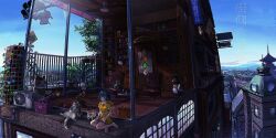 1girl air_conditioner animal architecture bag bare_legs barefoot billboard black_eyes black_hair blue_flower blue_sky bob_cut book bookshelf bottle brick_floor brick_wall briefcase brown_cat building bush cat ceiling_fan chair cityscape closed_mouth closet commentary_request daruma_doll day door dress east_asian_architecture flower frog glasses grey_cat highres holding holding_book ivy jewelry koi lal!role leaf leather_bag leather_chair maneki-neko matryoshka_doll medium_hair morning_glory mountain mountainous_horizon multiple_cats original outdoors pagoda parted_bangs pendant phonograph pink_flower plant pleated_dress potted_plant railing reading road_sign rooftop sake_bottle school_bag school_briefcase short_sleeves sidelocks sign sitting sky skyscraper smile solo stairs stuffed_animal stuffed_frog stuffed_toy swept_bangs table tanuki tanuki_statue terrace text_background tile_floor tile_roof tile_wall tiles tower traffic_light translation_request tree trellis utility_pole wariza industrial_pipe white_cat window wooden_ceiling wooden_floor yellow_dress
