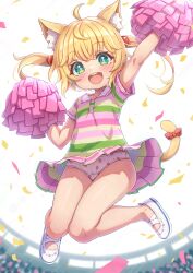 1girl :d absurdres ahoge animal_ear_fluff animal_ears bare_legs blonde_hair bow cat_ears cat_girl cat_tail collared_dress commentary_request commission dress food_print fruit_print full_body green_dress green_eyes hair_bobbles hair_ornament highres holding holding_pom_poms loli long_hair multicolored_dress open_mouth original panties pantyshot pink_dress pixiv_commission pom_pom_(cheerleading) pom_poms print_panties red_bow shoes short_sleeves smile solo strawberry_panties strawberry_print striped_clothes striped_dress tail tail_bow tail_ornament teeth twintails underwear upper_teeth_only upskirt variant_set white_panties white_shoes yellow_dress zusshii_(libertasgenesis)