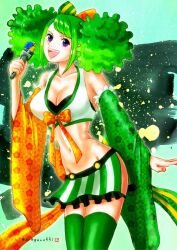 Rule 34 | 1girl, ann (one piece), breasts, cleavage, commentary request, cowboy shot, den den mushi, detached sleeves, double bun, freckles, green sleeves, green thighhighs, hair bun, highres, holding, holding microphone, looking at viewer, microphone, narrow waist, one piece, one piece: stampede, open mouth, orange sleeves, oregano551, purple eyes, sidelocks, skirt, smile, solo, swept bangs, teeth, thighhighs, upper teeth only