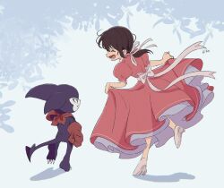 Rule 34 | ai (digimon), digimon, digimon (creature), digimon tamers, dress, gloves, highres, impmon, looking at another, ribbon, tail