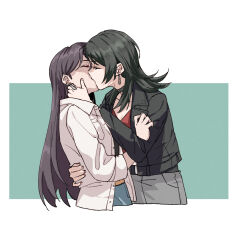 2girls arm_around_waist bang_dream! bang_dream!_it&#039;s_mygo!!!!! belt black_choker black_hair black_jacket black_shirt blue_skirt blush brown_hair choker closed_eyes cropped_legs earrings grabbing_another&#039;s_arm grey_skirt hand_on_another&#039;s_cheek hand_on_another&#039;s_face highres jacket jewelry joker_(jjjokerrr233) kiss long_hair medium_hair multiple_girls red_shirt shiina_taki shirt skirt white_jacket yahata_umiri yuri