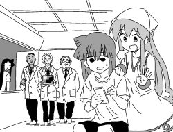 3boys 3girls aizawa_chizuru aizawa_eiko anbe_masahiro box ceiling clark_(ikamusume) comforting dress greyscale hand_on_another&#039;s_shoulder harris_(ikamusume) hat holding holding_box holding_phone ikamusume indoors lab_coat martin_(ikamusume) monochrome multiple_boys multiple_girls necktie nintendo_switch_2 number_four_(asl) phone puff_of_air shinryaku!_ikamusume shirt shorts sitting sleeveless sleeveless_dress squid_hat sweatdrop t-shirt tentacle_hair turn_pale