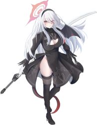 1girl 2b_(nier:automata) 2b_(nier:automata)_(cosplay) absurdres alternate_costume black_boots black_dress black_gloves black_hairband blue_archive blush boots breasts cleavage cleavage_cutout clothing_cutout cosplay demon_girl demon_tail demon_wings dress eyes_visible_through_hair gloves grin hair_over_one_eye hairband halo haruna_(blue_archive) high_heel_boots high_heels highres holding holding_sword holding_weapon long_hair ootachi pink_halo red_eyes single_wing smile solo sword tail thigh_boots toorisugari_no_dechikou weapon white_hair wings