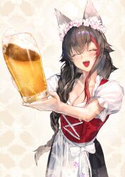 1girl alcohol alternate_costume alternate_hairstyle animal_ear_fluff animal_ears apron beer beer_mug black_hair blush bow braid braided_ponytail breasts cleavage closed_eyes commentary commission cowboy_shot cup dirndl flower foam german_clothes head_wreath highres holding holding_cup hololive incoming_drink long_hair medium_breasts mug multicolored_hair ookami_mio open_mouth patterned_background puffy_short_sleeves puffy_sleeves qdx4p red_hair short_sleeves sidelocks skeb_commission smile solo streaked_hair teeth upper_teeth_only virtual_youtuber waist_apron waist_bow white_apron white_bow wolf_ears wolf_girl