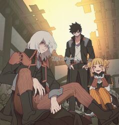 Rule 34 | 1girl, 2boys, absurdres, bags under eyes, black gloves, black hair, black jacket, black pants, blonde hair, boku no hero academia, boots, dabi (boku no hero academia), double bun, gloves, hair bun, highres, jacket, long sleeves, looking at viewer, misa (jjin miryeon), multiple boys, open mouth, orange pants, pants, parted lips, ribbed pants, shigaraki tomura, short hair, sitting, toga himiko, twitter username, white hair