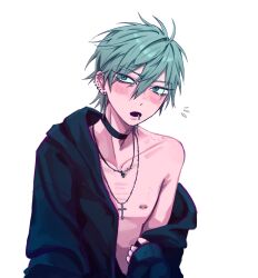1boy alien_stage barbell_piercing bite_mark bite_mark_on_shoulder black_choker blush choker commentary cross cross_necklace ear_piercing earrings english_commentary green_eyes grey_hair highres hood hoodie jewelry lip_piercing male_focus necklace nipple_piercing notice_lines open_clothes open_hoodie piercing shinumeru short_hair single_off_shoulder solo till_(alien_stage) very_short_hair