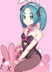 1girl :3 animal_ears aqua_hair bare_shoulders black_leotard blush bow bowtie breasts brown_pantyhose closed_mouth cosplay dot_nose fake_animal_ears fake_tail feet_out_of_frame female_focus from_side green_eyes harness hatsune_miku hatsune_miku_(cosplay) leotard loli looking_at_viewer looking_to_the_side medium_hair meemz_a monogatari_(series) ononoki_yotsugi pantyhose pink_background pink_bow pink_bowtie playboy_bunny rabbit_ears rabbit_hole_(vocaloid) rabbit_tail simple_background sitting small_breasts smug solo strapless strapless_leotard tail thick_eyebrows twintails variant_set vocaloid white_wrist_cuffs wrist_cuffs