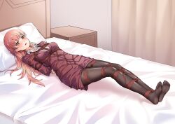 1girl absurdres arms_behind_back bdsm bed bed_sheet bedroom between_breasts between_legs between_thighs black_pantyhose black_shoes blush bondage bound bound_arms bound_breasts bound_legs bound_torso bow breast_bondage breasts brown_eyes clenched_hand clothes_lift collared_jacket collared_shirt commission crotch_rope curtains embarrassed female_focus hair_ornament hair_ribbon high_heels highres indoors jacket legs_together long_hair looking_at_viewer looking_to_the_side looking_up medium_breasts momose_narumi nightstand office_lady open_mouth otaku_ni_koi_wa_muzukashii pantyhose perky_breasts pink_bow pink_hair pixiv_commission red_jacket red_rope red_skirt ribbon rope shibari shibari_over_clothes shirt shoes sidelocks skirt skirt_lift solo surprised t_zhonglang tongue white_bed white_shirt