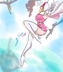 1girl 4boys alternate_breast_size animal_helmet artist_request ass belt blush bodysuit breasts cape cowboy_shot curvy elbow_gloves eyelashes gatchaman gloves huge_ass jinpei_the_swallow joe_the_condor jumping jun_the_swan ken_the_eagle multiple_boys outdoors ryu_the_owl scan shiny_skin silhouette sky thighhighs white_belt white_cape white_gloves white_thighhighs wide_hips