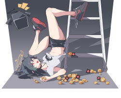 1girl @_@ absurdres arknights black_choker black_hair black_shoes black_shorts choker closure_(arknights) dizzy drone fallen_down highres ladder long_hair nike_(company) nike_air_force_1 open_mouth originium_(arknights) orundum_(arknights) postalworks red_eyes shirt shoes shorts sneakers solo untied_shoelaces upside-down white_shirt