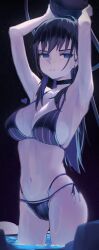 1girl absurdres adapted_costume arms_up bikini black_background black_bikini black_choker black_hair blue_eyes bongk breasts choker closed_mouth earrings highres hololive hololive_english jewelry large_breasts navel ouro_kronii simple_background solo swimsuit virtual_youtuber wading wet