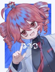 25san ahoge black_shirt blue_background blush_stickers border breast_pocket buttons coat collared_shirt commentary_request double-parted_bangs drill_hair dual_persona flat_chest hair_between_eyes head_mirror highres igaku_(utau) index_finger_raised kasane_teto kasane_teto_(utau) leaning_to_the_side looking_at_viewer necktie open_mouth outside_border pocket red_eyes red_hair red_necktie shirt star_(symbol) star_in_eye symbol_in_eye twin_drills upper_body utau white_border white_coat wing_collar