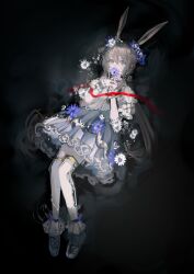 1girl amiya_(arknights) animal_ears arknights black_background black_shoes blue_eyes blue_flower breasts brown_hair covering_own_mouth daisy_(flower) dress flower gradient_background grey_dress harume_neko head_wreath highres large_breasts long_hair looking_at_viewer lying on_back puffy_short_sleeves puffy_sleeves rabbit_ears shoes short_sleeves sidelocks solo thighhighs white_background white_thighhighs