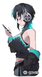 1girl absurdres alternate_costume belt black_belt black_hair black_jacket black_tank_top blue_hair blue_jacket blue_pants closed_eyes closed_mouth colored_inner_hair commentary_request copyright_notice denim fingernails flame_print from_behind full_body hand_up headphones highleg highres holding holding_phone hololive hololive_dev_is jacket jacket_partially_removed jeans jewelry medium_hair midriff multicolored_hair necklace official_art pants panty_straps phone purple_hair rindo_chihaya sauce_darusungi simple_background single_sleeve_past_fingers solo streaked_hair tank_top two-sided_fabric two-sided_jacket virtual_youtuber white_background white_hair