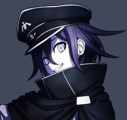 Rule 34 | 1boy, black cape, black hat, cape, commentary, crazy eyes, crazy smile, danganronpa (series), danganronpa v3: killing harmony, flipped hair, from side, grey background, grin, hair between eyes, hat, ki (greenmoon), looking at viewer, male focus, medium hair, oma kokichi, pale skin, peaked cap, portrait, purple eyes, purple hair, ringed eyes, smile, solo, teeth