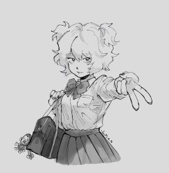 1girl bag borrowed_design breast_pocket breasts charm_(object) commentary english_commentary genderswap genderswap_(mtf) greyscale gyaru_v hanazawa_teruki highres holding holding_bag kyokyeo medium_breasts mob_psycho_100 monochrome pleated_skirt pocket school_bag signature skirt smile solo two_side_up upper_body v