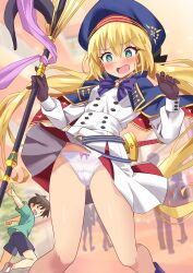 1boy 1girl artoria_caster_(fate) artoria_caster_(second_ascension)_(fate) artoria_pendragon_(fate) bare_legs belt blonde_hair blue_belt blue_capelet blue_hat blush bow bow_panties breasts bright_pupils buttons capelet clothes_lift crotch_seam dress dress_lift fate/grand_order fate_(series) flustered gloves green_eyes groin hair_ribbon hat highres holding holding_staff long_hair long_sleeves o-ring o-ring_belt open_mouth panties pink_bow purple_bow ribbon shimouki_izui short_dress skirt skirt_flip small_breasts staff staff_of_selection_(fate) standing striped_belt sword underwear upskirt w_arms weapon white_dress white_panties white_pupils