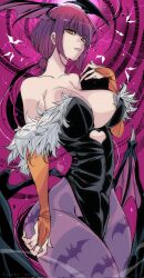 1girl animal_print bat_print bat_wings braid clothing_cutout cosplay fur-trimmed_leotard fur_trim head_wings heart_cutout highleg highleg_leotard highres kinakomochi_(user_vedc2333) leotard looking_at_viewer makima_(chainsaw_man) morrigan_aensland morrigan_aensland_(cosplay) off-shoulder_leotard pantyhose print_pantyhose purple_pantyhose purple_wings red_hair ringed_eyes solo touhou wings yellow_eyes