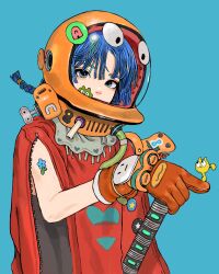 1girl blue_background blue_eyes blue_hair blunt_ends braid covered_mouth creature diving_helmet gloves green_eyes hand_on_weapon hand_up helmet heterochromia highres junjunforever looking_at_viewer multicolored_eyes original parted_bangs poncho shirt sleeveless sleeveless_shirt sticker unzipped upper_body zipper