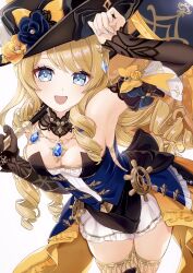 1girl aqua_nails arm_up armpits black_hat blonde_hair blue_eyes blue_gemstone breasts detached_collar detached_sleeves dress gem genshin_impact geo_symbol_(genshin_impact) hair_ornament hat highres holding holding_umbrella jewelry large_breasts long_hair looking_at_viewer navia_(genshin_impact) necklace open_mouth saeki_pcwtr8422 simple_background skirt smile solo strapless strapless_dress thighhighs umbrella vision_(genshin_impact) white_background white_skirt zettai_ryouiki