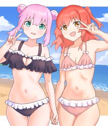 Rule 34 | beach, bikini, black bikini, blue eyes, blue sky, bocchi the rock!, breasts, cleavage, cloud, cowboy shot, day, double bun, frilled bikini, frills, gotoh hitori, hair bun, highres, horizon, kita ikuyo, koto noha, large breasts, navel, ocean, one side up, orange eyes, outdoors, pink bikini, pink eyes, red hair, ruffle bikini, sky, small breasts, swimsuit, v, v over eye